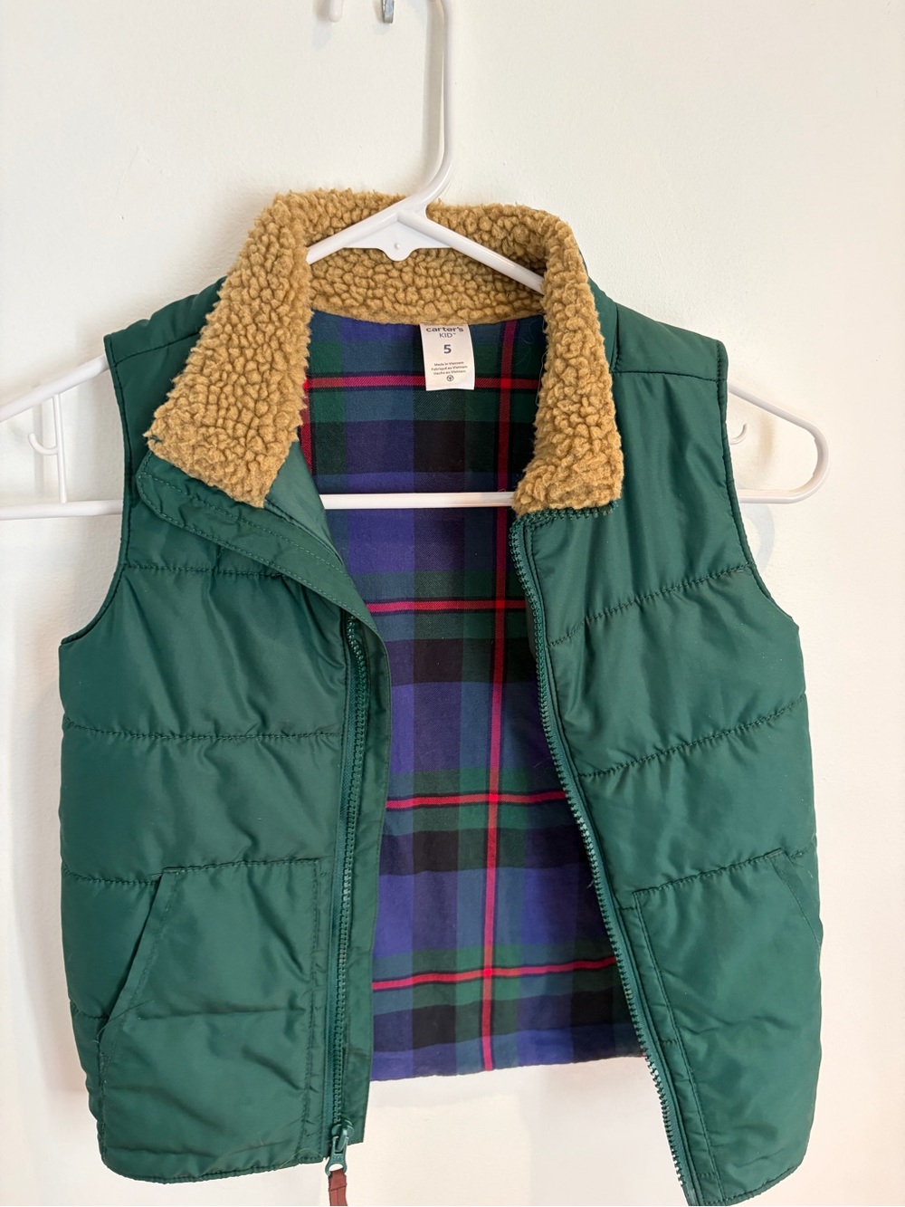 Carter's Dark Green Puffer Vest with Tan Sherpa Collar